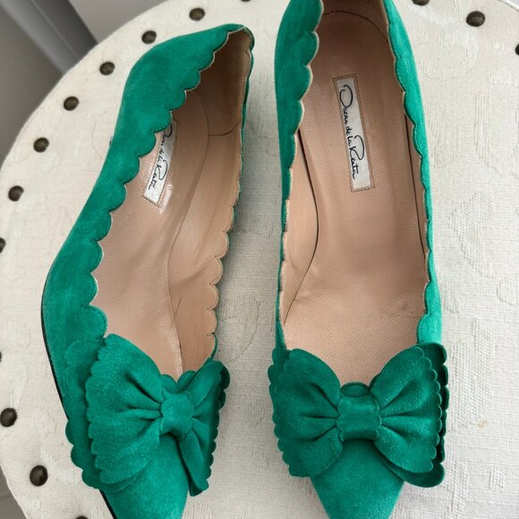 OSCAR De La RENTA Scala Scalloped Suede Green Shoes Pumps w Bow Kitten Heel 37 - Picture 4 of 7